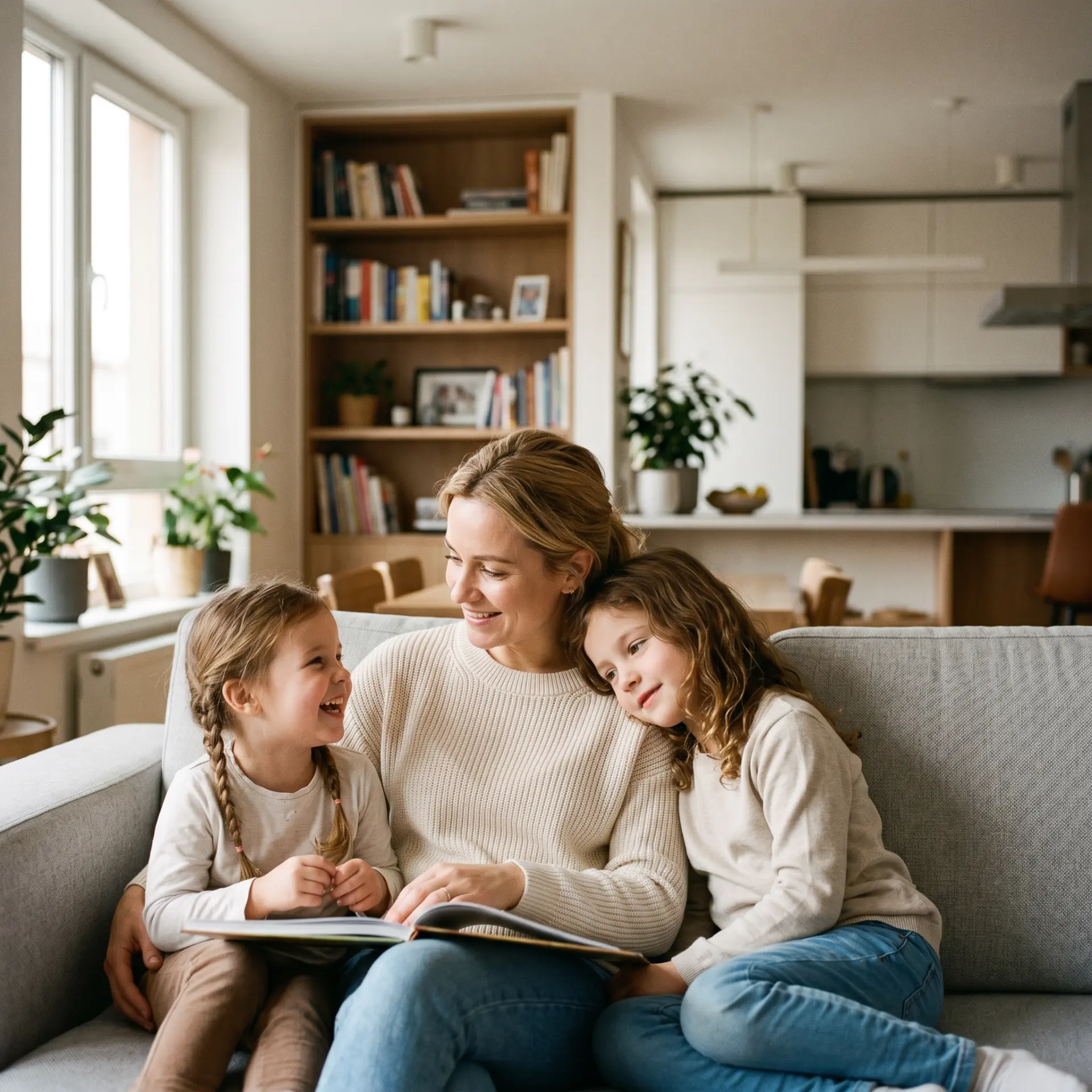 Mother reading with her two daughters at home