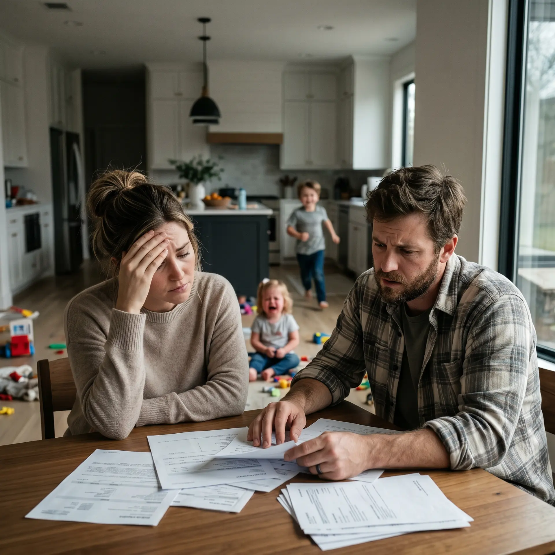 Parents discussing household paperwork while their children play nearby