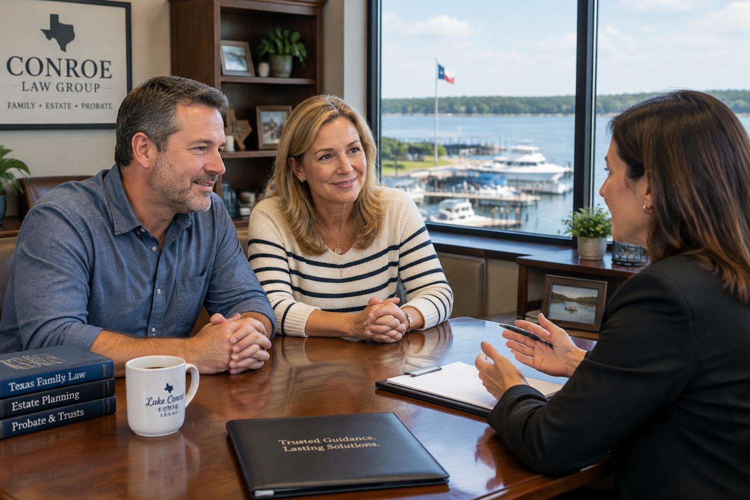 A couple speaking with an attorney in an office overlooking Lake Conroe