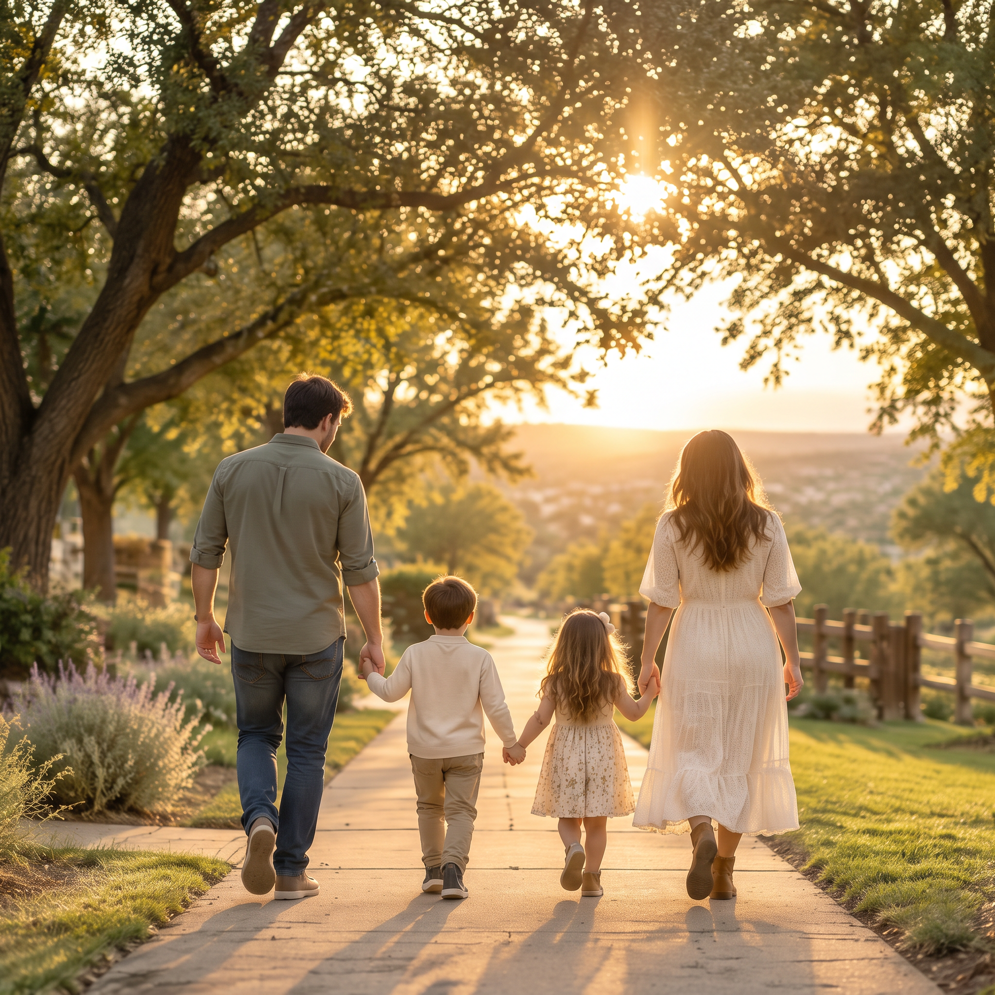 Parents walking hand in hand with their two children down a sunlit path