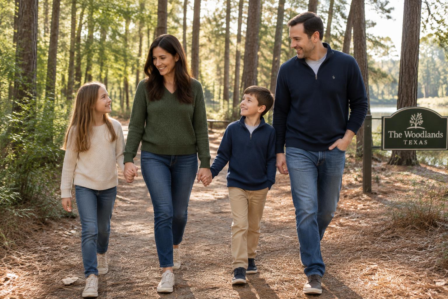 A family walking a wooded path among tall pines in The Woodlands