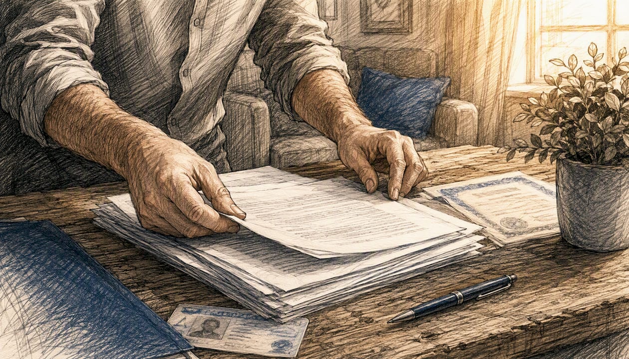 Father preparing paternity documents on desk