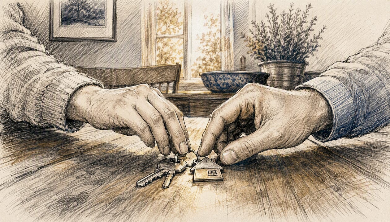 Couple exchanging keys in a home