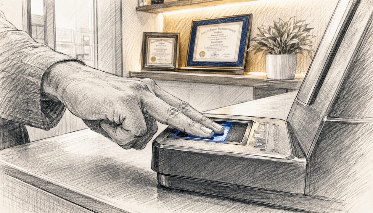 Hands being fingerprinted at professional station