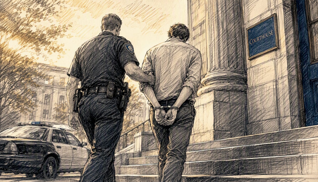 Police officer escorting arrested individual near courthouse
